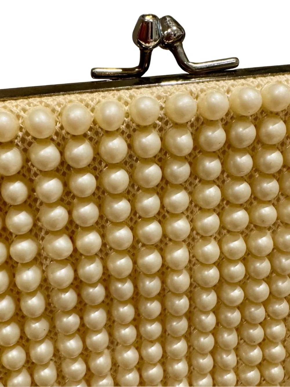 Vintage Pearl-Embellished Cream Frame Clutch Purse Handbag - Retro!